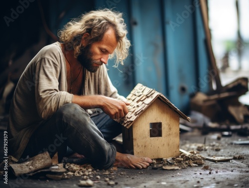 A rugged man with unkempt hair concentrates intently on crafting a miniature wooden house among scattered debris.