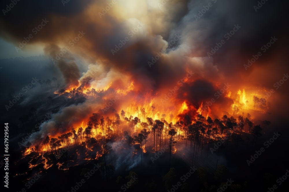 Wildfire burning forest from above. Aerial view