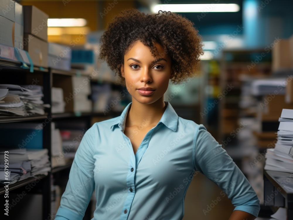 A confident woman with a tight curly hairstyle stands in an office setting filled with stacked documents and boxes. She's dressed in a pastel blue shirt, exuding professionalism. A confident woman with a tight curly hairstyle stands in an office setting filled with stacked documents and boxes. She's dressed in a pastel blue shirt, exuding professionalism.