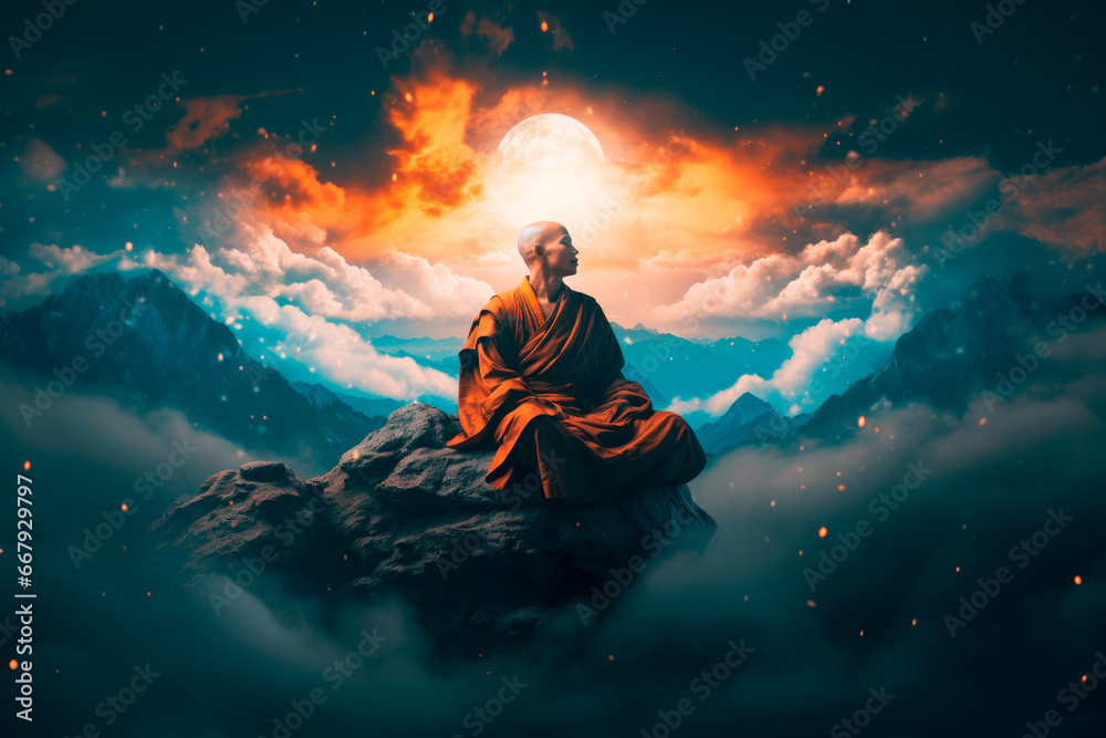 Buddhist monk meditating on top of mountain with moon and clouds in the background - obrazy, fototapety, plakaty 