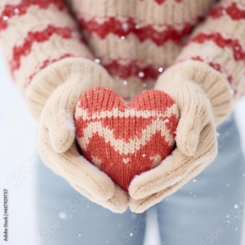 Female hands in knitted mittens with snowy heart