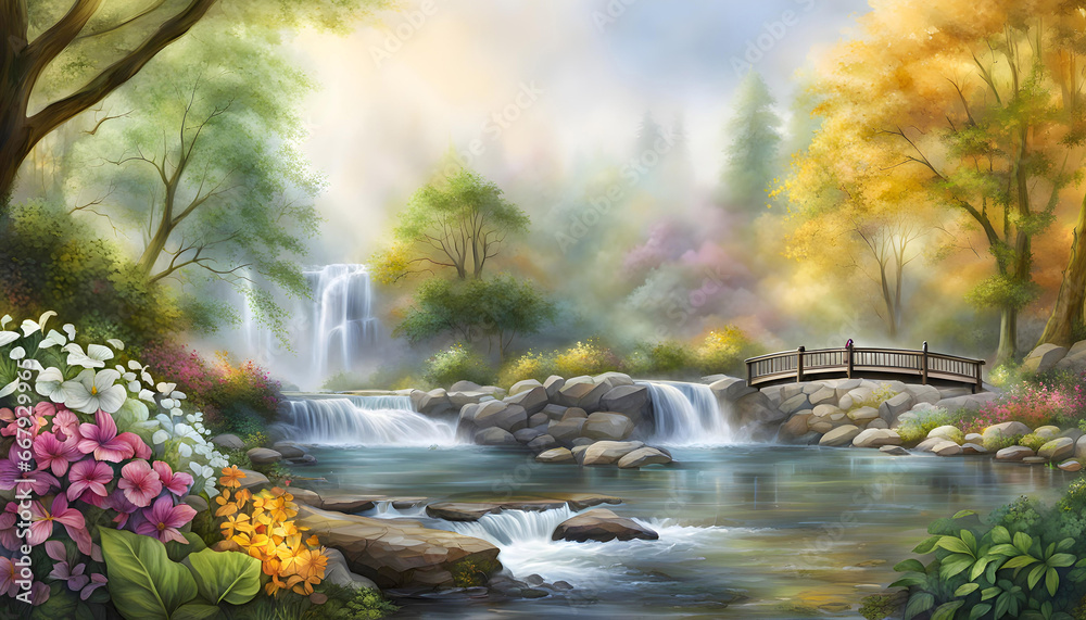 digital watercolor illustration of a foggy morning with a waterfall and a beautiful landscape.