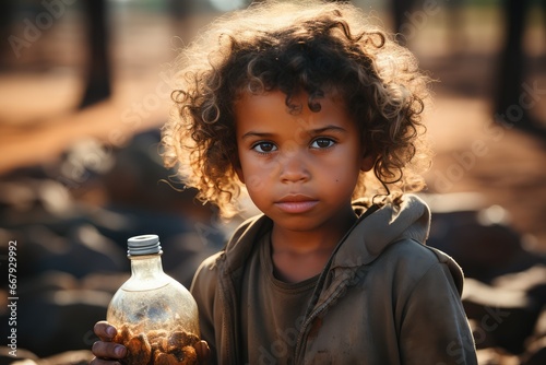 Thirsty little child holding bottle of water in dry place photo