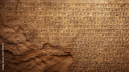 Cuneiform or hieroglyphs of Ancient civilization carved on old stone wall. Undeciphered signs like Sumerian, Babylonian and Egyptian writing. Concept of mystery, script, puzzle, secret