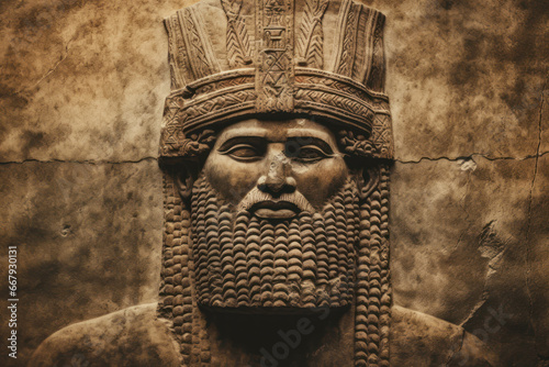 Babylonian wall art, face of king carved in stone in Middle East, Sumer culture. Artifact of Ancient Sumerian and Assyrian civilization in Mesopotamia. History of Iraq and Iran