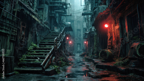 Dark alley overgrown with grass in cyberpunk city in rain, gloomy dirty wet street. Moody view of old spooky vintage buildings. Concept of dystopia, future, grunge, industry