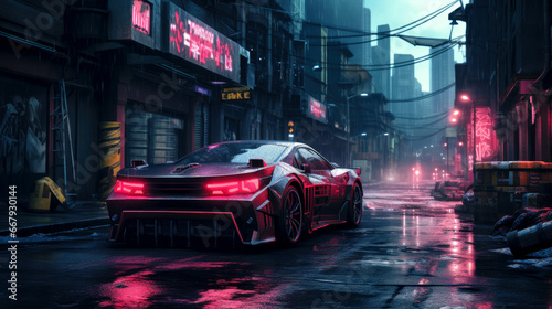 Futuristic car with neon headlight in cyberpunk city, vehicle on dark dystopian street. Gloomy alley with low light in rain at night. Concept of technology, future, design