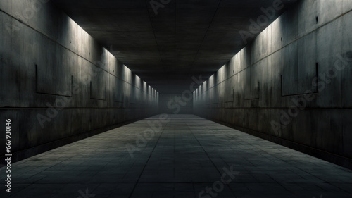 Dark grungy warehouse background, empty concrete underground garage with low light. Abstract scary room with gray walls. Concept of industry, factory, game, hangar,