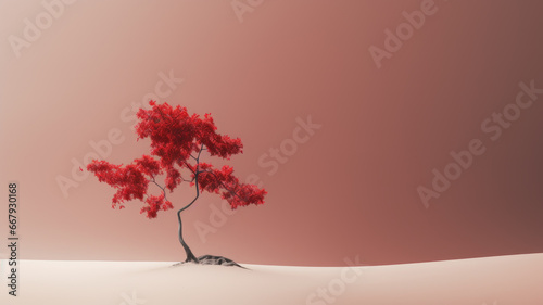 Lone tree isolated on sky background  minimalist landscape of desert. Peaceful simple nature scene in summer with copy space. Concept of art  beauty  minimalism  travel