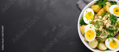 Top view of a homemade healthy potato salad with eggs in a bowl on a gray surface