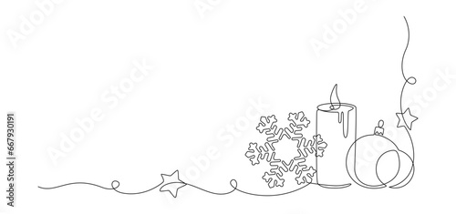 One continuous line drawing of Christmas greeting card. Festive candle with snowflake and christmas tree toy for winter xmas holiday concept in simple linear style. Doodle vector illustration