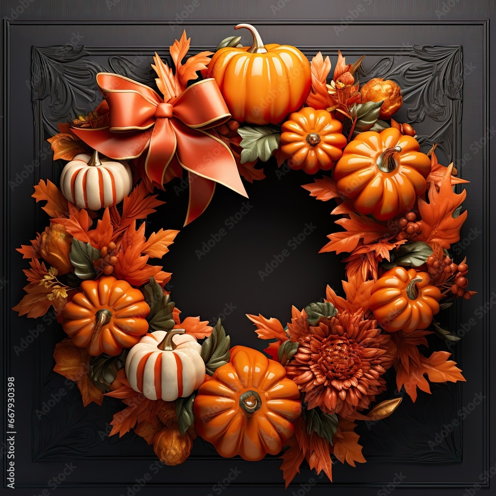 A wreath made of fake pumpkins and leaves A wreath made of fake pumpkins and leaves