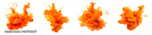 Set of orange acrylic ink colored smoke watercolor splashes in water, Abstract background. Color explosion elements for design, isolated on white and transparent background