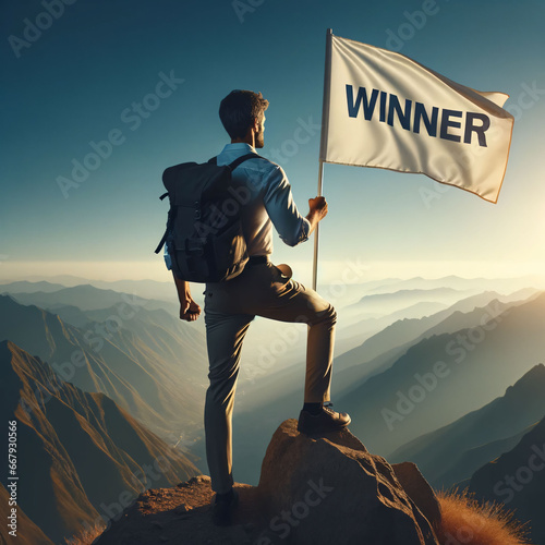 A male CMO of Hispanic descent on the pinnacle of a mountain  clutching a winner flag. The picture is taken from the back