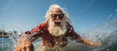 Santa Claus enjoying a beach vacation wearing sunglasses and flippers in a high quality photo photo