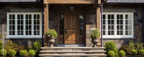 main entrance of a house with wooden front door and columns; home real estate stone walls, american style architecture construction; panorama shot photo