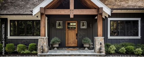 Photo main entrance of a house with wooden front door and columns; home real estate st