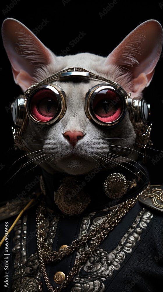 A white cat with red eyes wearing a costume Sphynx cat character. A white cat with red eyes wearing a costume Sphynx cat character.