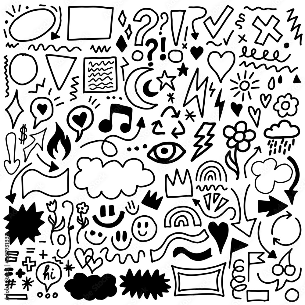 Set of Hand Drawn Doodle Elements Vector Design. Collection of Sketch Art Shapes.
