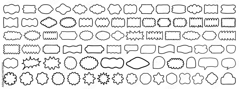 Set of Hand Drawn Doodle Badge Elements Vector Design. Collection of Sketch Art Shapes. Cool Linear Frames.