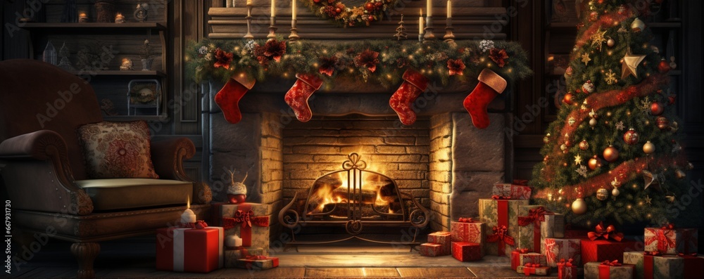Christmas night decoration christmas fireplace with socks and gift box