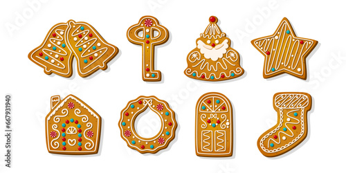 Christmas gingerbread cookies. Winter homemade xmas sweets in shape of house and gingerbread man, star and snowflake, santa and heart, bird and rabbit and sock. Cartoon Vector illustration