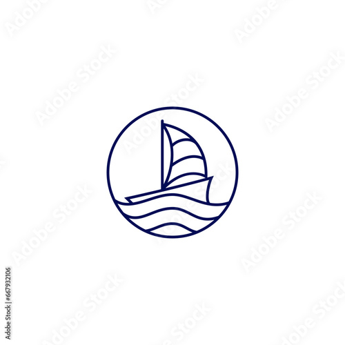 sailing ship line art logo design with circle frame