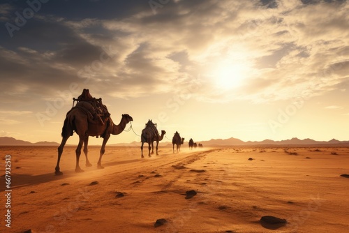 Camels trekking across a vast desert under the scorching sun.