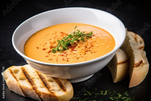Creamy lobster bisque soup served with crusty bread on the side.