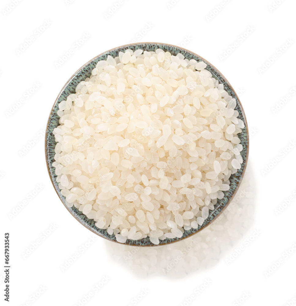 Bowl with raw rice isolated on white, top view Bowl with raw rice isolated on white, top view