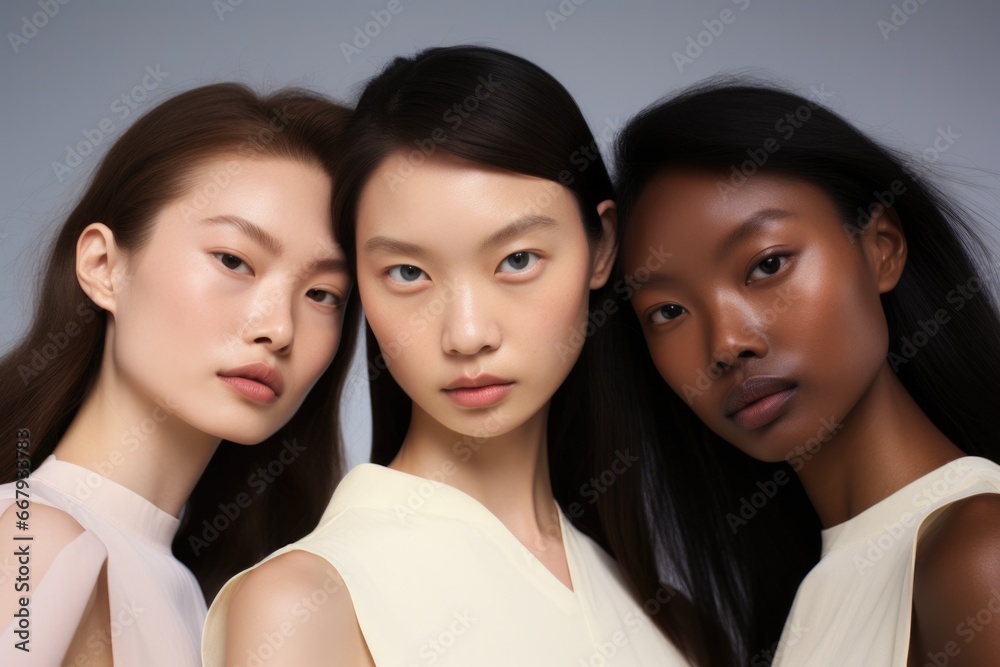 Three women standing next to each other. Generative AI. Three women standing next to each other. Generative AI.