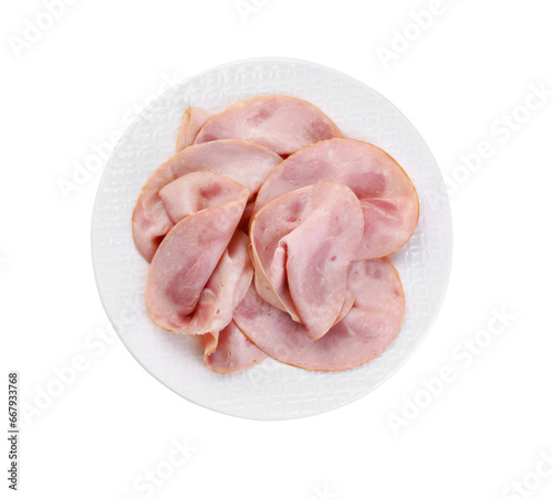 Slices of tasty ham isolated on white, top view