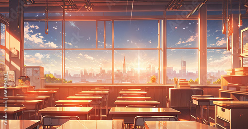 Fotomurale Classroom anime scene with a big window, sunny and warm, illustration, no people