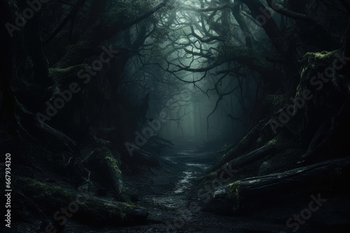 Dark fantasy forest with eerie atmosphere.