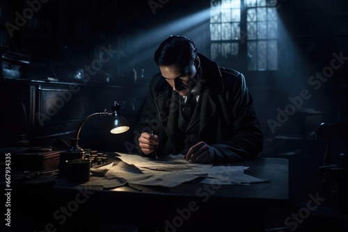 Detective analyzing evidence in a dim lit room.