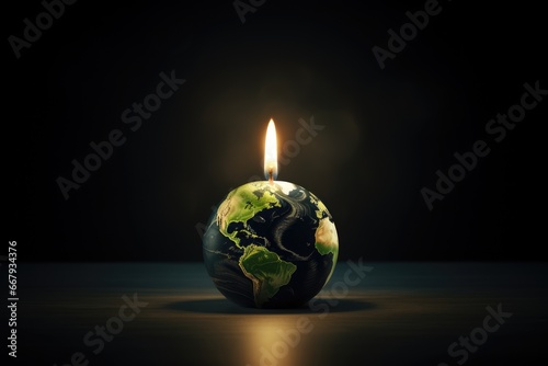 Earth hour concept with a single lit candle, conservation initiative.