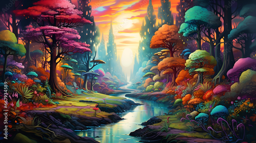 A colorful psychedelic forest landscape with a serene river flowing in the distance. Generative AI. - obrazy, fototapety, plakaty 