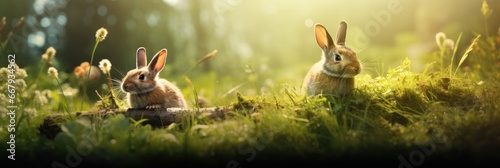 A couple of rabbits sitting on top of a lush green field. Generative AI.