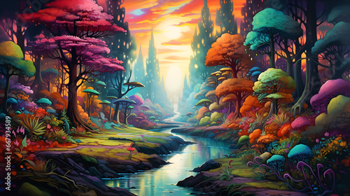 A colorful psychedelic forest landscape with a serene river flowing in the distance. Generative AI.