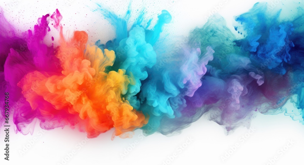 A rainbow colored cloud of paint on a white background. Generative AI.