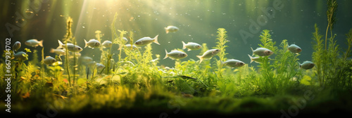 A group of fish swimming in an aquarium. Generative AI.