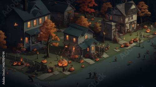 Isometric Illustration of a Bustling Trick-or-Treat Street on Halloween Night