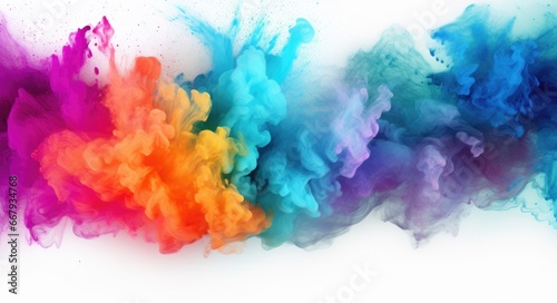 A rainbow colored cloud of paint on a white background. Generative AI.