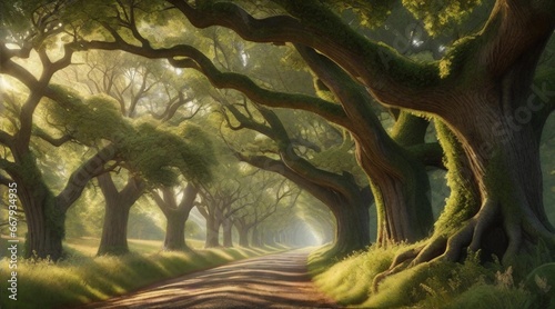 A peaceful country road lined with towering, ancient oak trees, their branches creating a tunnel of green foliage and dappled sunlight, background image, AI generated photo