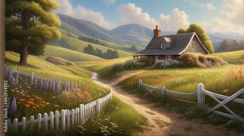 A quaint, sunlit cottage nestled among rolling hills and a field of wildflowers, with a white picket fence and a lazy stream nearby, background image, AI generated