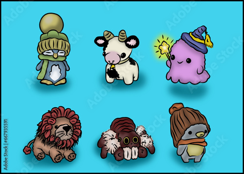 Collection of stuffed animals with 6 characters (penguins, cow, lion, spider and a ghost wizard).