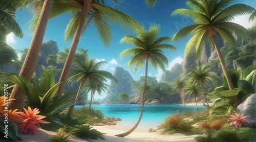 Exotic and lush tropical scenes with palm trees, crystal-clear waters, and colorful tropical flora, background image, AI generated