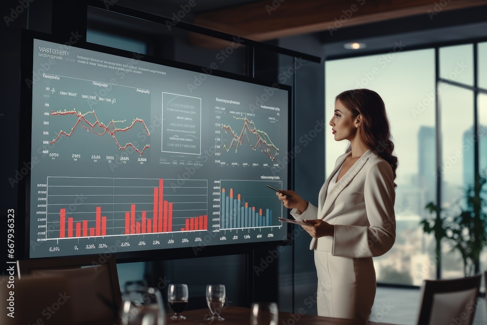 Female executive giving a presentation in front of a digital screen. Female executive giving a presentation in front of a digital screen.