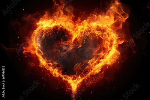 Fiery heart engulfed in flames, passion and energy concept.