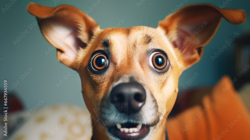 Young crazy surprised dog make big eyes closeup. surprised dog funny face big eyes. Young dog looking surprised and scared. Emotional surprised wide big eye dog at home, high quality photo